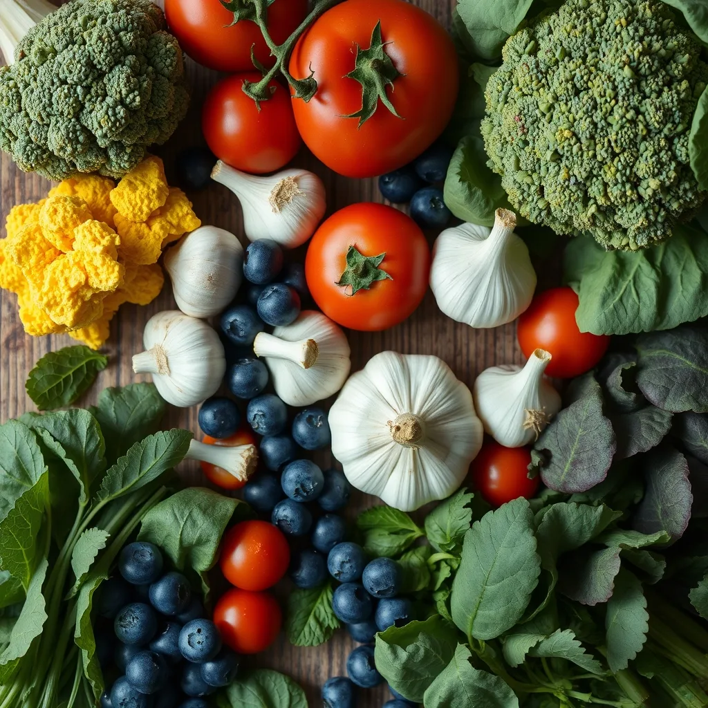 Cancer nutrition flatlay with broccoli, garlic and berries