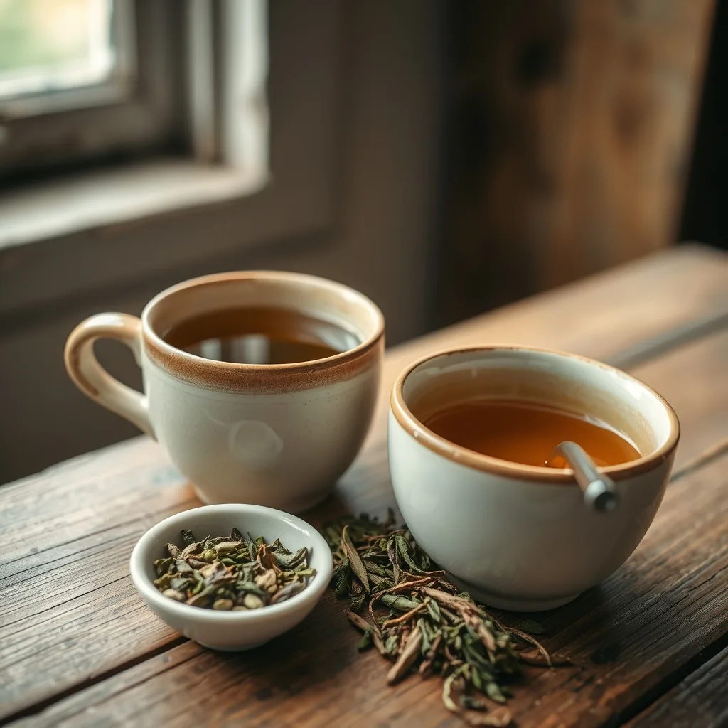 Green tea versus yerba mate cups with loose leaves on wooden table