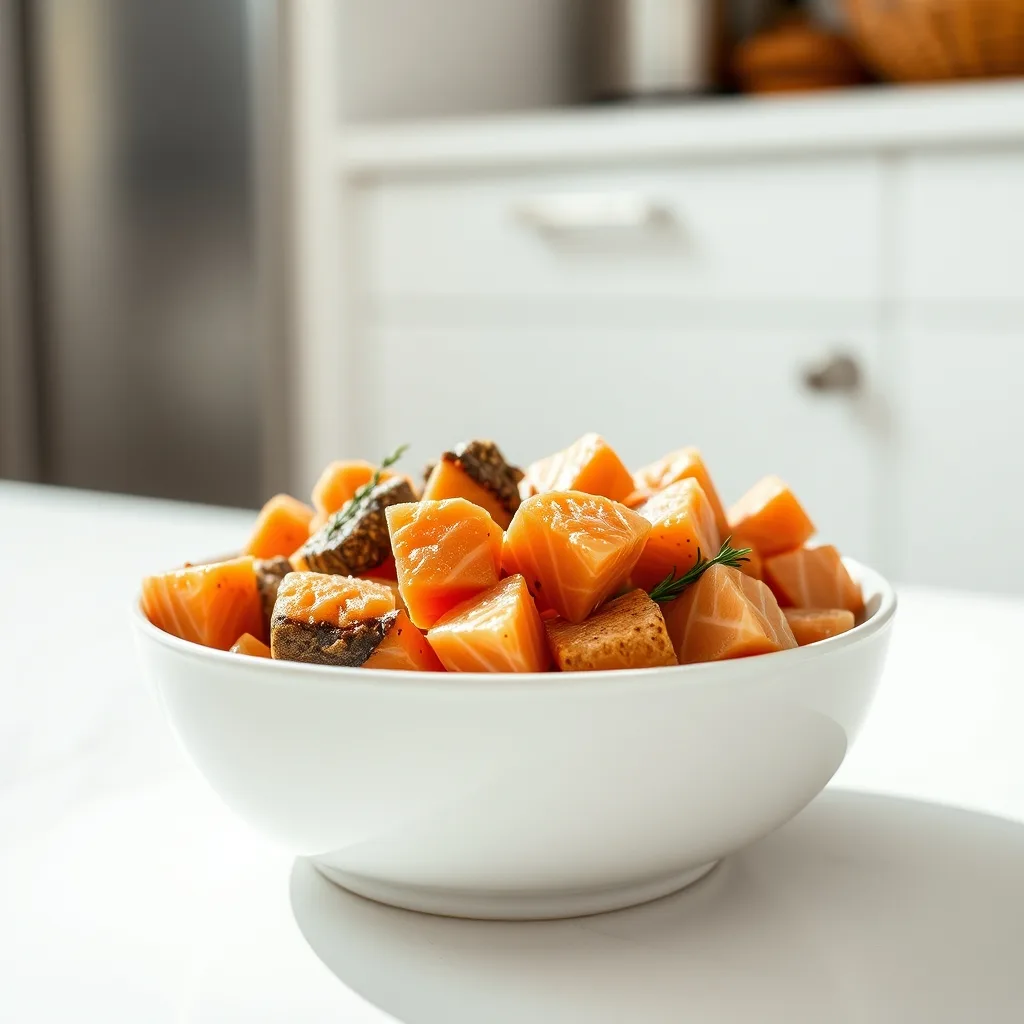 Raw cat food bowl with fresh salmon chunks